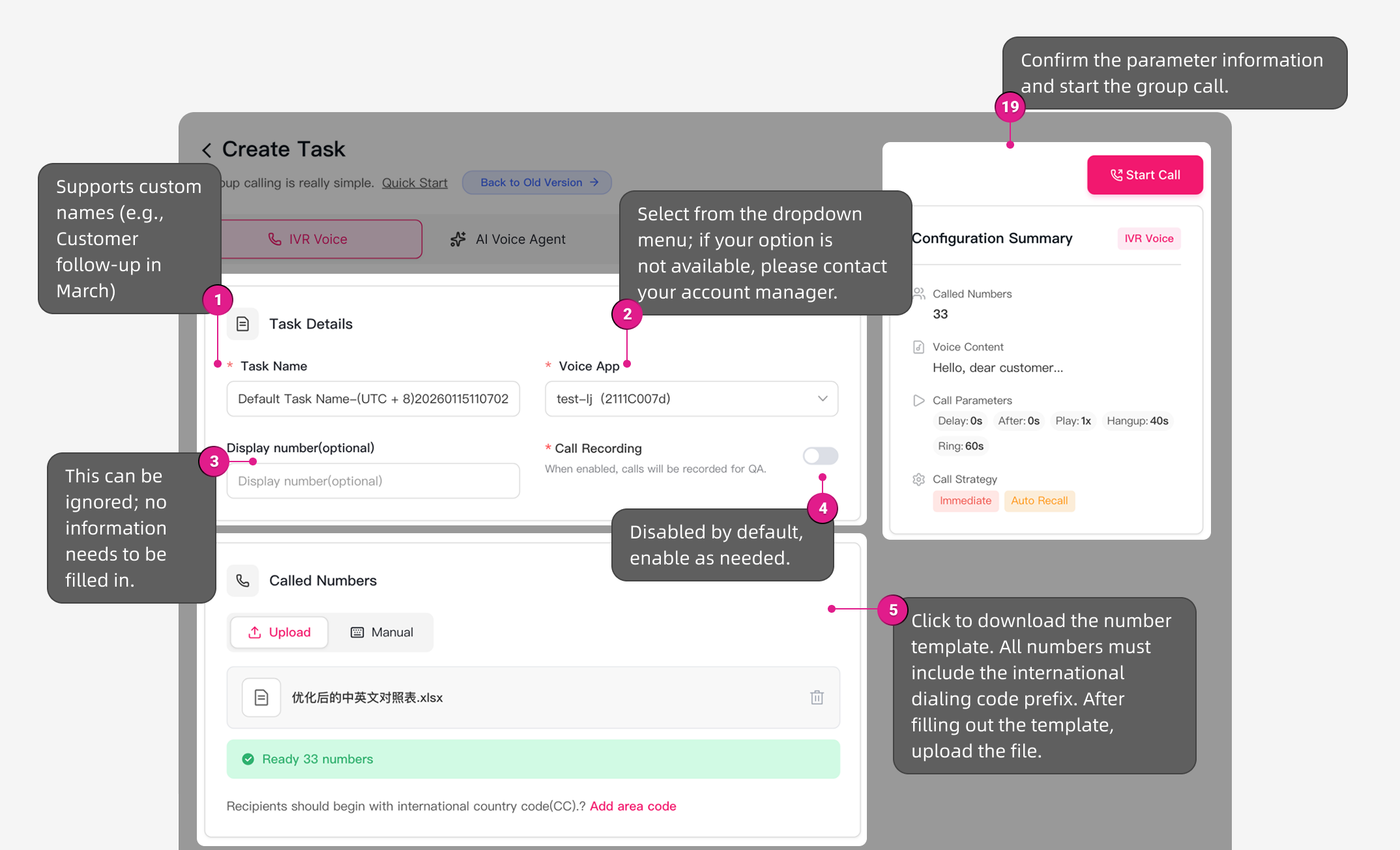 Call Task How to create a group call task in platform